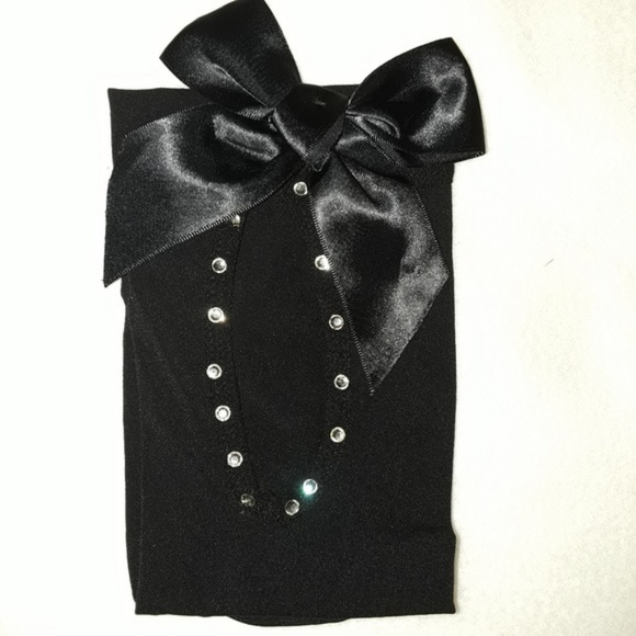 Black Thigh High Tights w/Sexy Bow & Crystals O/S - Picture 4 of 4